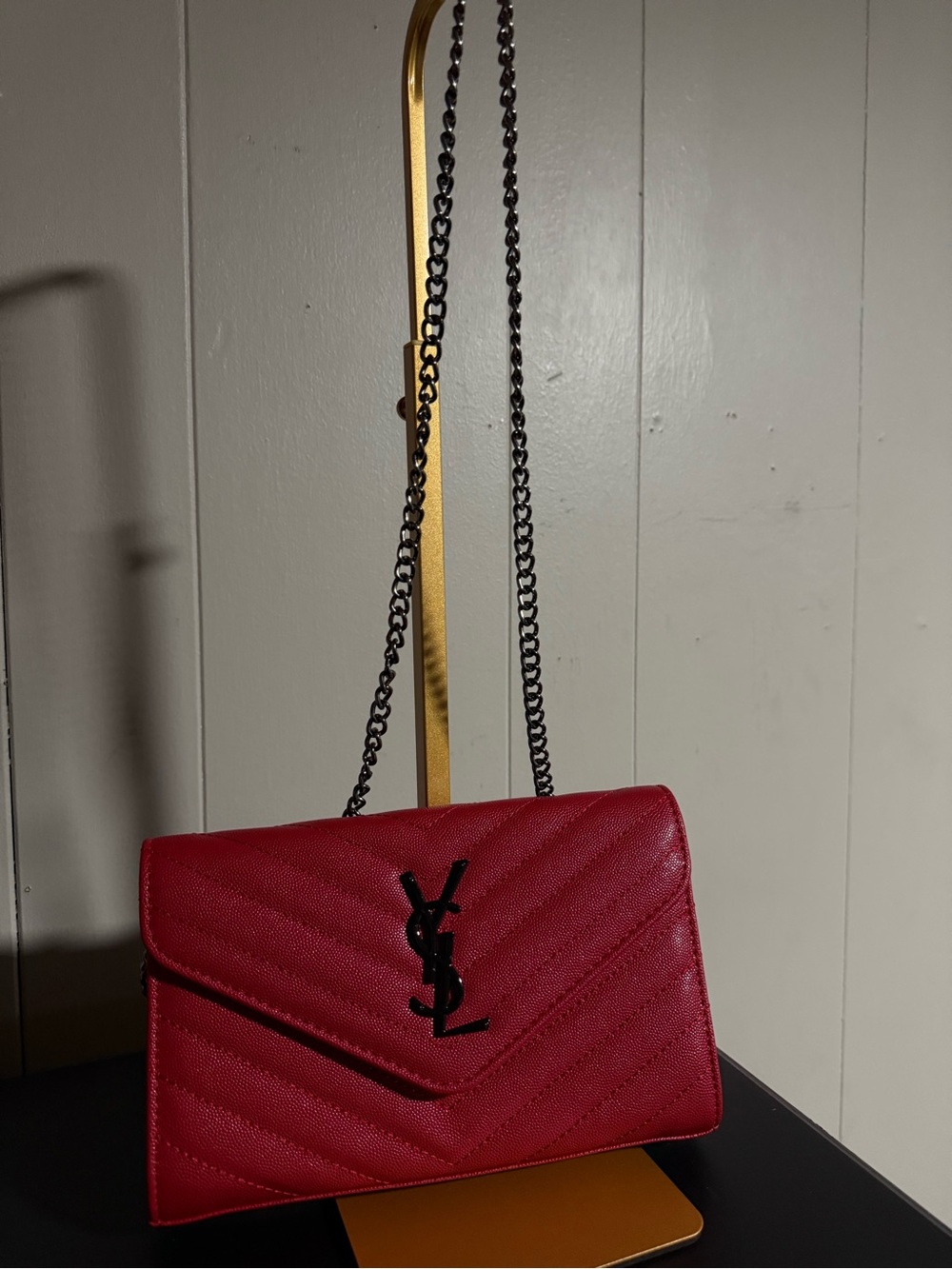 Yves Saint Laurent Red Quilted Leather Crossbody Wallet with Black Logo
